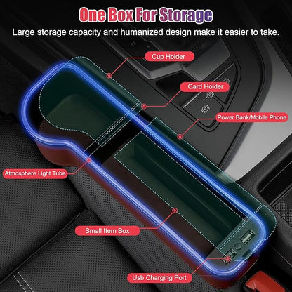 2PCS LED Car Seat Gaps Filler Organizer,Front Seat Gaps Filler, Car Seat Organizer with Ambient Light, USB Charger for Multifunction Storage Box for Holding Phone, Sunglasses