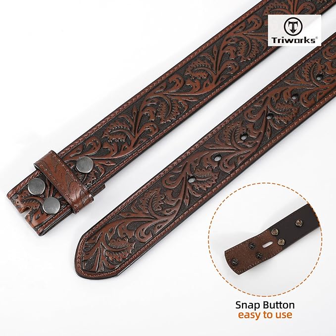 TRIWORKS Western Belt Strap for Men without Buckle 1.5" Wide Floral Engraved Embossed Leather Belt Strap