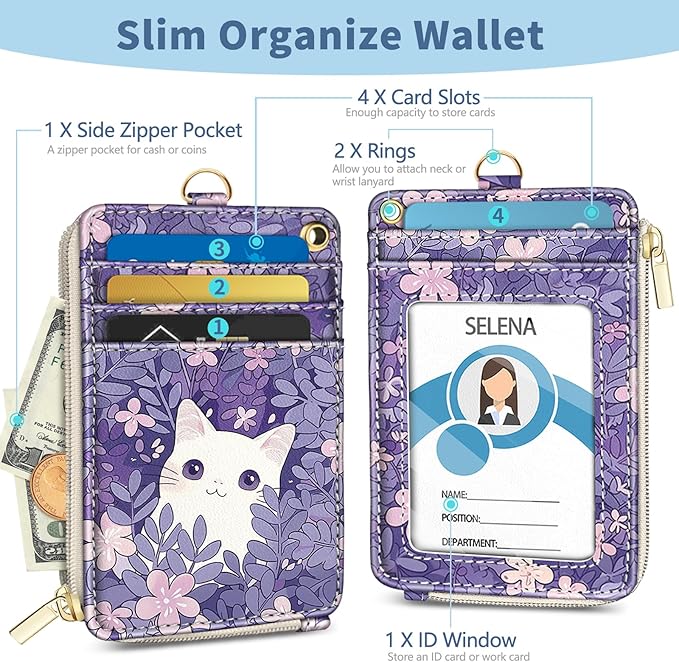 Lanyard Wallet with Id Badge Holder, White Cat RFID Small Keychain Wallet Women Wristlet, Cute Zipper Credit Card Holder Phone Wrist Neck Strap for Key Name Tag, Teacher Student Office Gifts