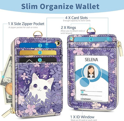 Lanyard Wallet with Id Badge Holder, White Cat RFID Small Keychain Wallet Women Wristlet, Cute Zipper Credit Card Holder Phone Wrist Neck Strap for Key Name Tag, Teacher Student Office Gifts
