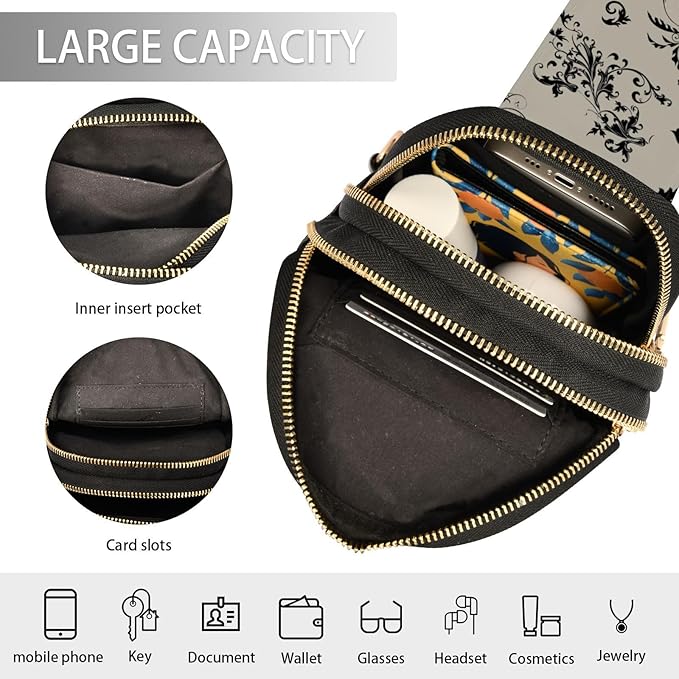 ZAZYXTJ Gothic Bat Flowers Crossbody Sling Bag for Women Leather Small Chest Bag Adjustable Straps Daypack for Travel Sport Hiking