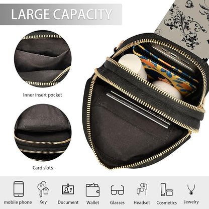 ZAZYXTJ Gothic Bat Flowers Crossbody Sling Bag for Women Leather Small Chest Bag Adjustable Straps Daypack for Travel Sport Hiking