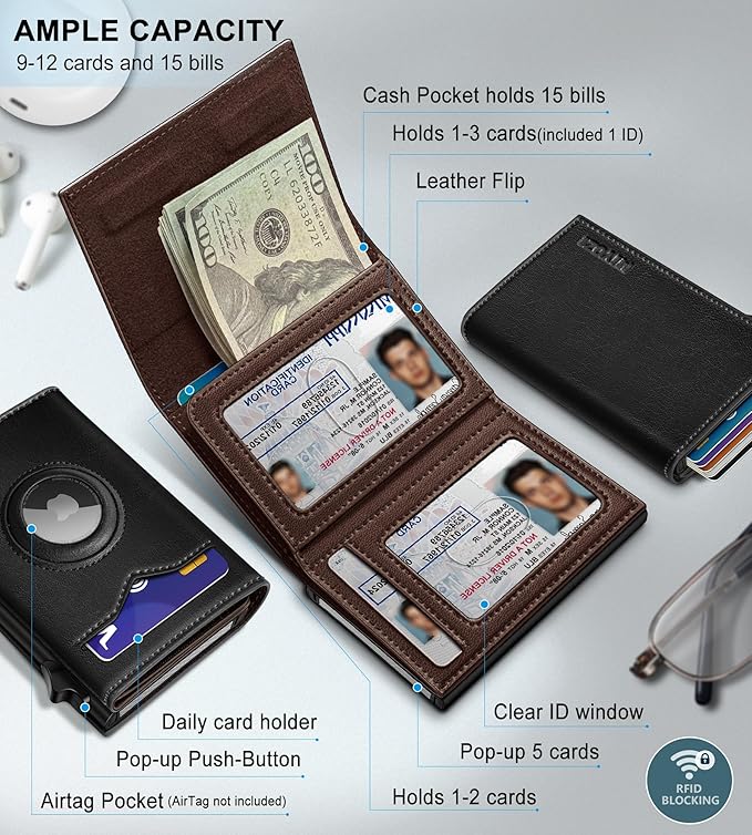 miyozi Airtag Wallet for Men,with Cash Pocket 2 ID Window 9-12 Cards,Metal Case Smart Slim Pop Up Credit Card Holder Flip with Magnetic Closure RFID Blocking Trifold wallet with Gift Box