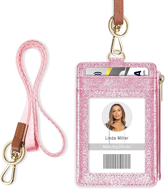ID Badge Holder with Lanyard, Vertical Bling Shiny ID Badge Card Holder with 1 Clear ID Window, 4 Credit Card Slots, 1 Cash Coin Slot and a Detachable Neck Lanyard (Bling Pink)
