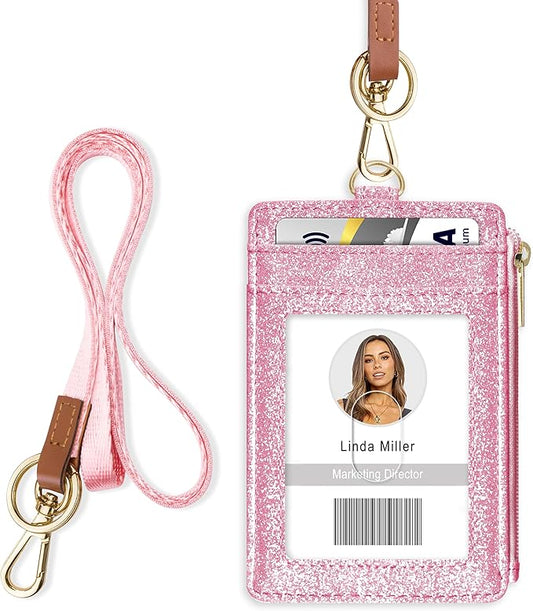 ID Badge Holder with Lanyard, Vertical Bling Shiny ID Badge Card Holder with 1 Clear ID Window, 4 Credit Card Slots, 1 Cash Coin Slot and a Detachable Neck Lanyard (Bling Pink)