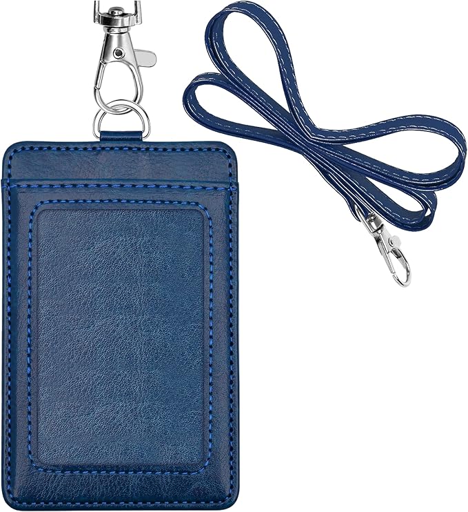Life-Mate ID Badge Holder with 1 Clear ID Window, 1 Credit Card Slot and PU Leather Lanyard for Badge, Credit Cards, College ID Cards in Blue