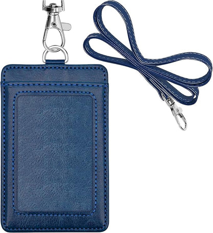 Life-Mate ID Badge Holder with 1 Clear ID Window, 1 Credit Card Slot and PU Leather Lanyard for Badge, Credit Cards, College ID Cards in Blue