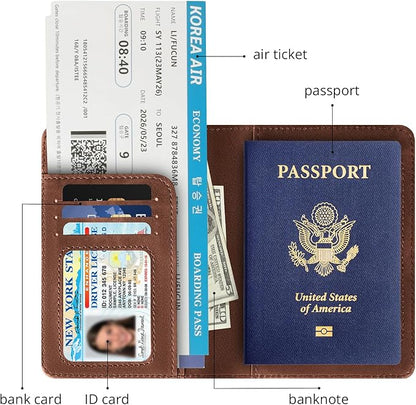 Passport Holder for Travel Essentials, RFID Blocking Passport Cover Wallet Card Case for Women and Men, PU Leather, Brown