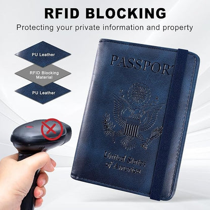 ACdream RFID BLOCKING Passport Holder Travel Wallet, Premium PU Leather Cover Passport Book with Card Holder, Pen Holder, Keep Organization, and Travel Essentials for Women and Men, Blue