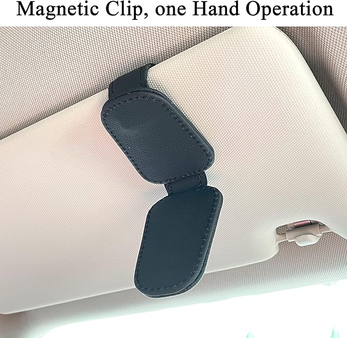 KIWEN 2 Packs Sunglasses Holders for Car Visor, Magnetic Leather Glasses Eyeglass Clip for Car, Ticket Card Clip Sunglasses Mount, Car Visor Accessories Gadgets (2, Black)