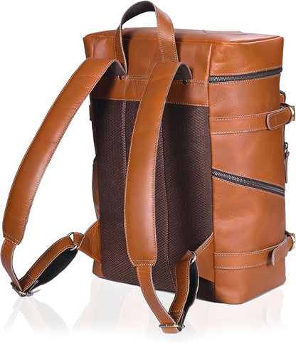 HLC Leather Tan Backpack For Men Genuine Laptop Rucksack For Men Women Genuine Leather Vintage Large Capacity Business Retro Travel Camping Daypack (17 Inch Tan)