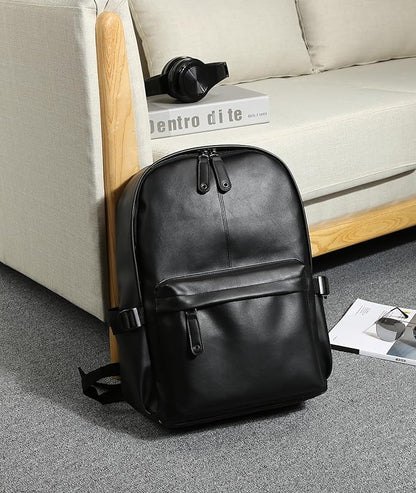 MOYYI Leather Backpack for Men Black Large Backpack Fit 15.6inch Laptop Rucksack Waterproof for business Commute Casual Daypack