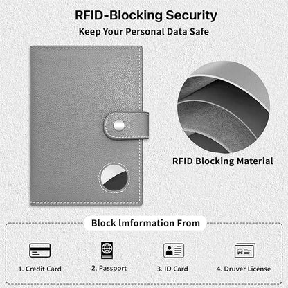 Genuine Leather Passport Holder for Travel, RFID Blocking Passport Wallet with Tracker Holder, Slim Passport Cover Travel Wallet for Women Men, Airport Essentials (Gray)