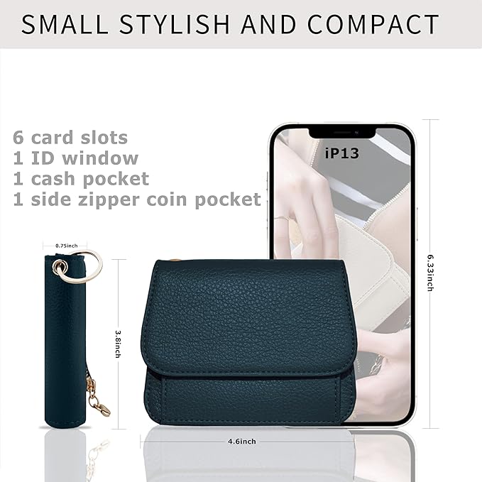 Women Small Wallet RFID Blocking Slim Wallet with Coin Pocket Tri-Fold Credit Card Holder with ID Window and Keychain (Lake Blue)