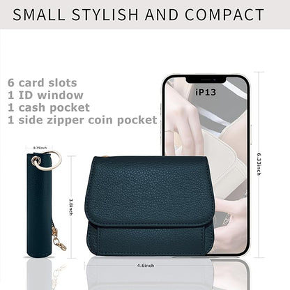 Women Small Wallet RFID Blocking Slim Wallet with Coin Pocket Tri-Fold Credit Card Holder with ID Window and Keychain (Lake Blue)