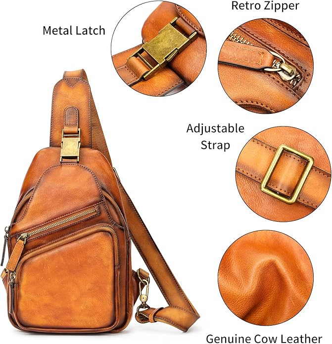 NIUCUNZH Genuine Leather Sling Bag Front Metal-Latch Crossbody Bags Handmade Vintage Chest Shoulder Backpack for Women Men