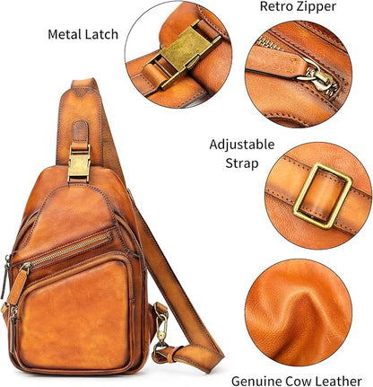 NIUCUNZH Genuine Leather Sling Bag Front Metal-Latch Crossbody Bags Handmade Vintage Chest Shoulder Backpack for Women Men