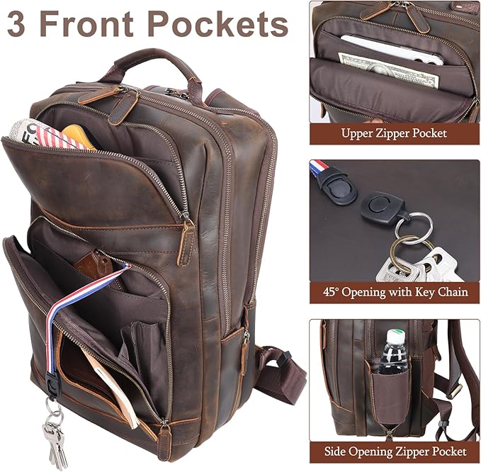 Masa Kawa Brown Leather Laptop Backpack for Men Fits 16” 15.6” Computer, Vintage Business Travel Work Large Daypack Weekender Bag Camping Rucksack