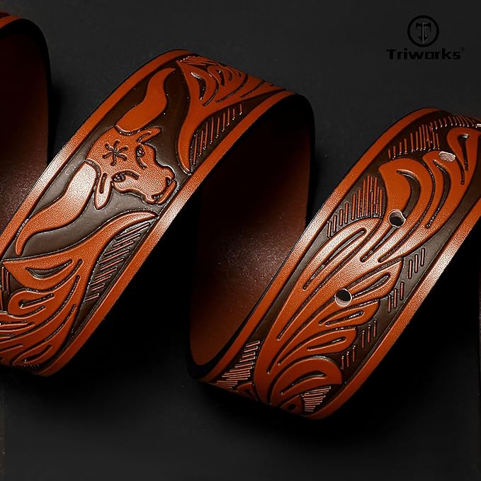 TRIWORKS Western Belt for Men Women Cowboy Engraved Belt Western Buckle Embossed Leather Belt