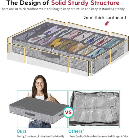 Onlyeasy Sturdy Under Bed Shoe Storage Organizers with Handles & Clear Window (16 to 32 Pairs) 2 Pack, Closet Shoes Containers Boxes for Kids & Adults, 37.7"x23.6"x5.9", Linen-like Grey, MXDUBS16P2