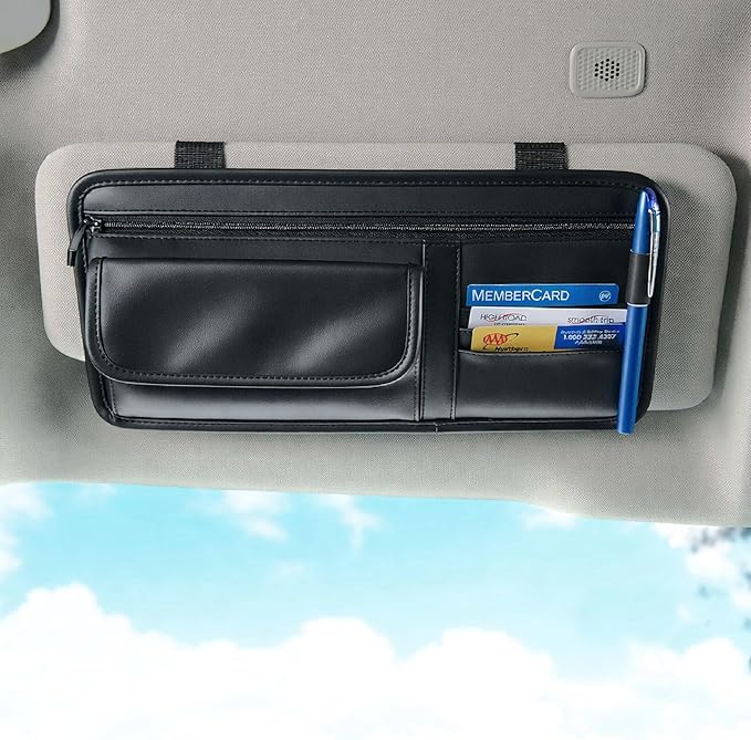 High Road Sun Visor Organizer with Sunglass Holder for Car - Faux Leather Glasses Holder for Car or Truck with Card Pockets and Zippered Compartment for Documents and Receipts