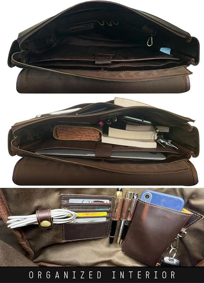 Leather Messenger Bag for Men 16" Full Grain Leather Laptop Bag Vintage Crossbody Office Satchel Travel Shoulder Bag