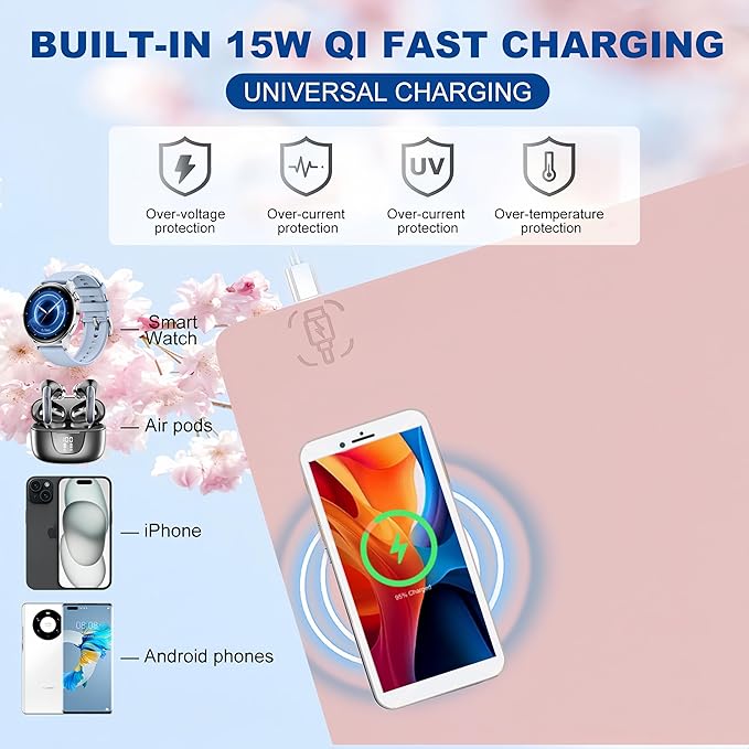 Desk Mat with Wireless Charging, Pink Mouse Pad with Wireless Charger, Desk Pad Matt for Desktop, Mousepad Gaming Large Mouse Pad, Leather Compute for Keyboard and Mouse, 32" x 16"