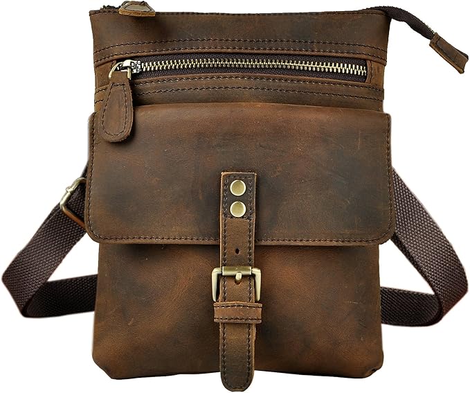 Le'aokuu Mens Genuine Leather Small Messenger Shoulder Satchel Phone Pouch Belt Waist Bag Pack
