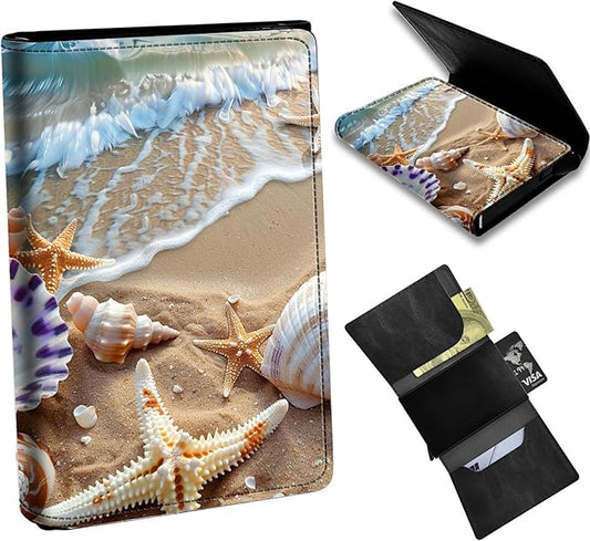 Beach Minimalist Wallet for Men Tarjeteros de hombres, Pop Up Card Case Wallet for Women, PU Leather Automatic Credit Card Holder Metal Money Clip Wallet RFID Blocking Bifold Pocket Wallet