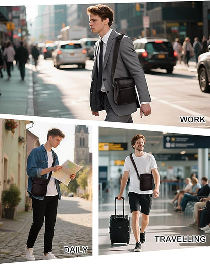 Leathario Men's Crossbody Shoulder Bag, Genuine Leather Small Messenger Satchel for Work Business Travel, Black Side Purse