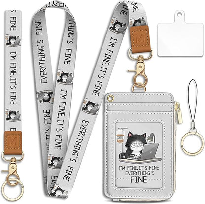 Lanyard Wallet with Id Badge Holder, Funny Cat RFID Small Keychain Wallet Women Wristlet, Cute Zipper Credit Card Holder Phone Wrist Neck Strap for Key Name Tag, Teacher Office Work Gifts