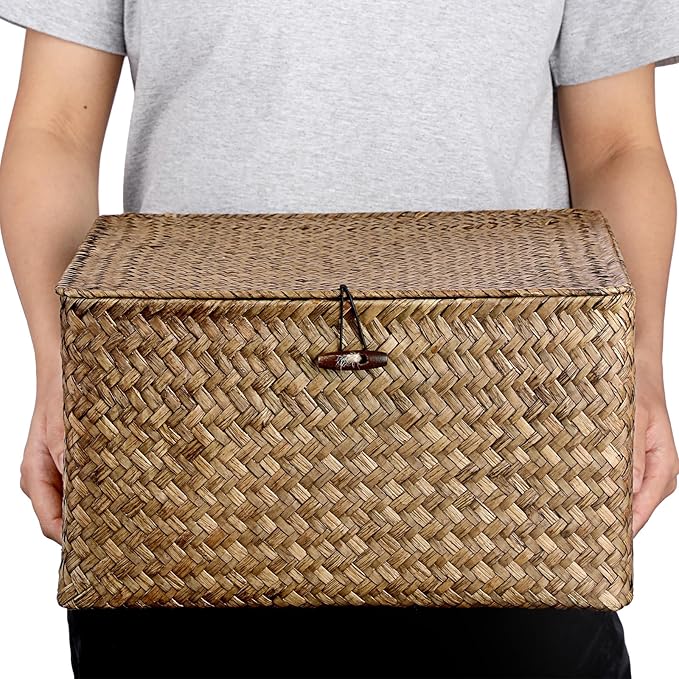 Hipiwe Handwoven Basket Container Seagrass Storage Box Wicker Bin for Fruits Snacks Clothes Books Towels Home Organizer with Lid, Coffee, XX-Large