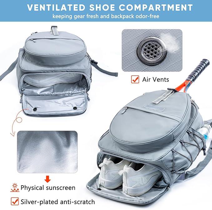 Tennis Backpack with 2 Rackets Holder, Water-Resistant PU Leather Tennis Racket Bag for Women & Men, Sling Crossbody Sports Backpack for Tennis, Pickleball & Badminton, Tennis Gifts