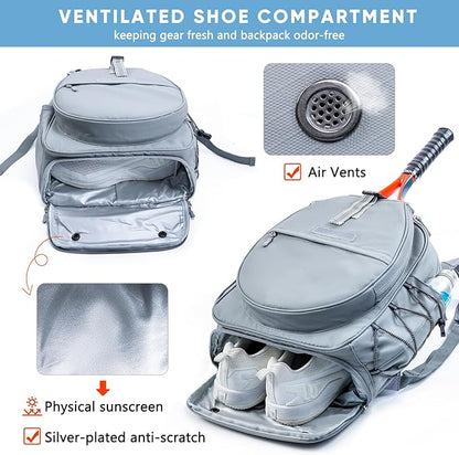 Tennis Backpack with 2 Rackets Holder, Water-Resistant PU Leather Tennis Racket Bag for Women & Men, Sling Crossbody Sports Backpack for Tennis, Pickleball & Badminton, Tennis Gifts