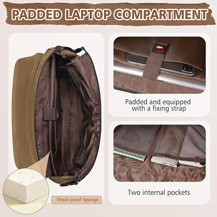 RAINSMORE Messenger Bag for Men, 15.6-17.3 inch Laptop Bag, Canvas Briefcase with Luggage Strap, Satchel for College Work