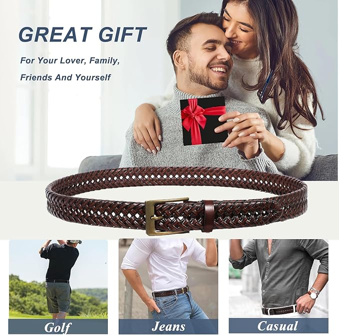 BELTROAD Braided Leather Belt for Men Casual Jeans Golf, Men's Leather Woven Alloy Buckle Hand Braided Belts Gift for Men