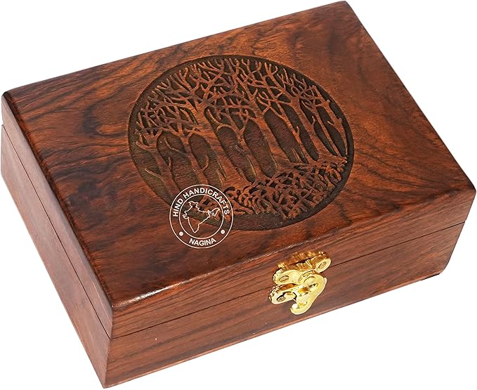 Rosewood Handmade Wooden Tree of Life Engraved Jewellery Box – Handcarved Keepsake Urn for Women & Men | Antique Finish Decorative Storage Organizer | Wooden Gift Box (7"x5.5"x3.5", 60 Cubic In)