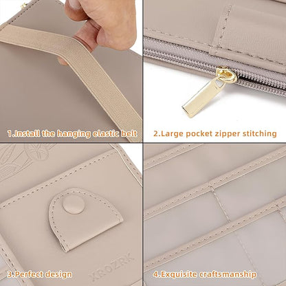 Leather Car Sun Visor Organizer for Cars, Trucks & SUVs: Features Sunglasses Holder, Secure Zipper Pockets, and 6 Clear Windows for Registration, Driver's License, and Insurance Card（Grey）
