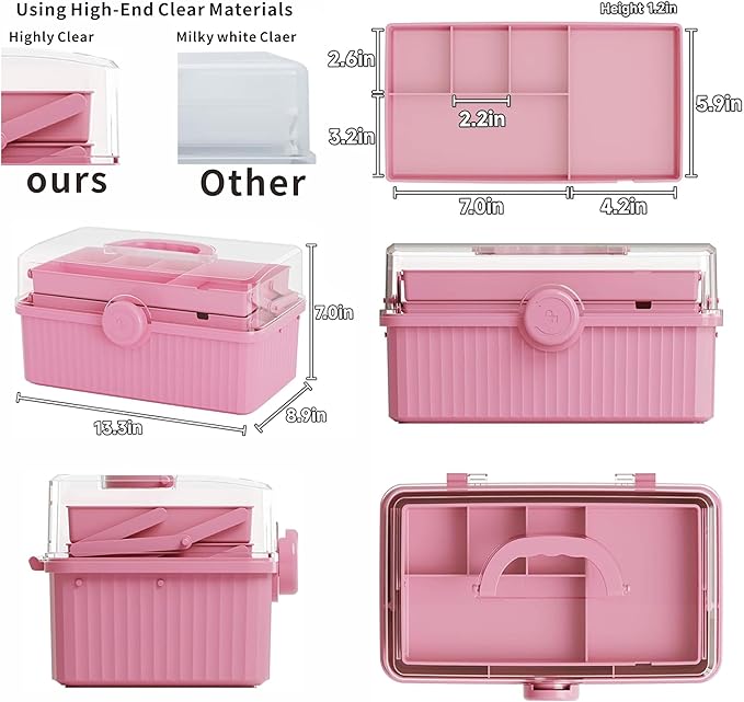 Yieach Plastic Sewing Box Organizer With Handle- Portable Multi-Purpose Sewing Storage Organizer for Cabinet,Pink Medicine Container Storage and Tool Boxes or Accessory and Craft Carrying Case