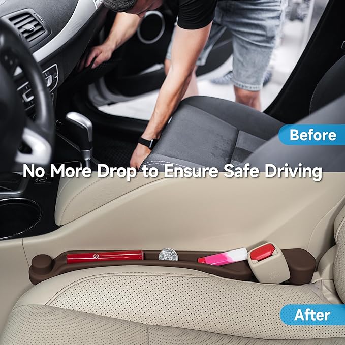 Givifive Car Seat Gap Filler Set of 2, 3IN1 Seat Side Gap Filler Plug with Storage Slot & Hook Function, Soft Foam Universal Fit Car SUV Truck Fill Gap Between Seats Console Organizer（Standard Brown）