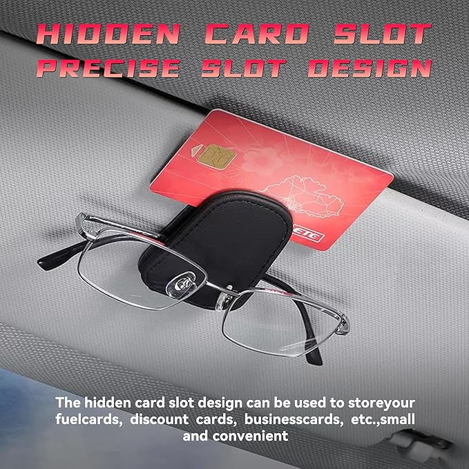 2PCS Sunglasses Holders for Car Sun Visor, Leather Eyeglasses Hanger Mounter, Magnetic Glasses Holder and Ticket Card Clip, Universal Auto Interior Accessories (Black, 1PCS)
