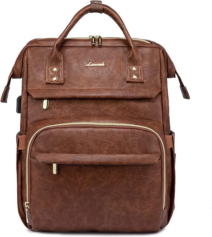 LOVEVOOK Leather Laptop Backpack for Women 17 inch, Travel Backpack Purse, Professional College Business Work Bag with USB Port, Red Brown