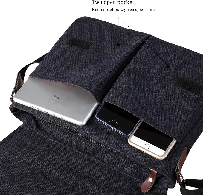 Mactso Vintage Canvas Messenger Bag for Men Women, 13.5 Inch Laptop Satchel Shoulder Bag with Multiple Pockets, Crossbody Bag for Work Travel College (Black)