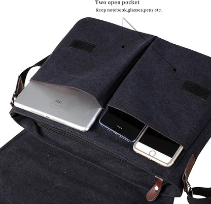 Mactso Vintage Canvas Messenger Bag for Men Women, 13.5 Inch Laptop Satchel Shoulder Bag with Multiple Pockets, Crossbody Bag for Work Travel College (Black)