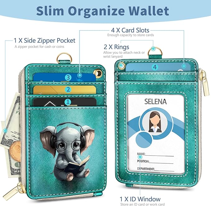 Lanyard Wallet with Id Badge Holder, Elephant RFID Small Keychain Wallet Women Wristlet, Cute Zipper Credit Card Holder Phone Wrist Neck Strap for Key Name Tag, Teacher Student Office Gifts