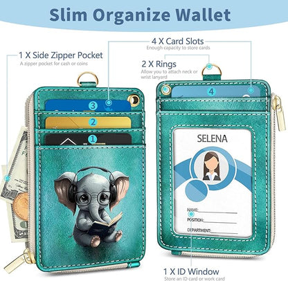 Lanyard Wallet with Id Badge Holder, Elephant RFID Small Keychain Wallet Women Wristlet, Cute Zipper Credit Card Holder Phone Wrist Neck Strap for Key Name Tag, Teacher Student Office Gifts