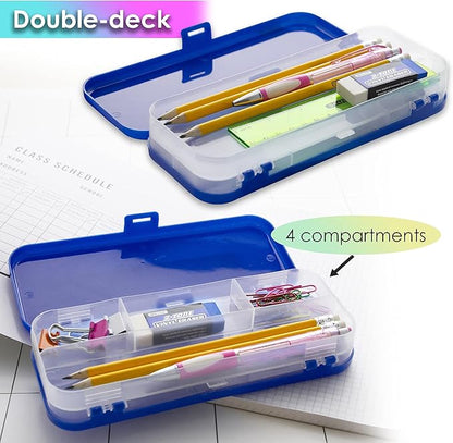 BAZIC PRODUCTS Plastic Pencil Case, Double Deck Utility Storage Box, Multi Purpose Organizer & Supply Holder, Transparent Box Design, Assorted Color, Ideal for School, Office & Craft Use, 4-Pack