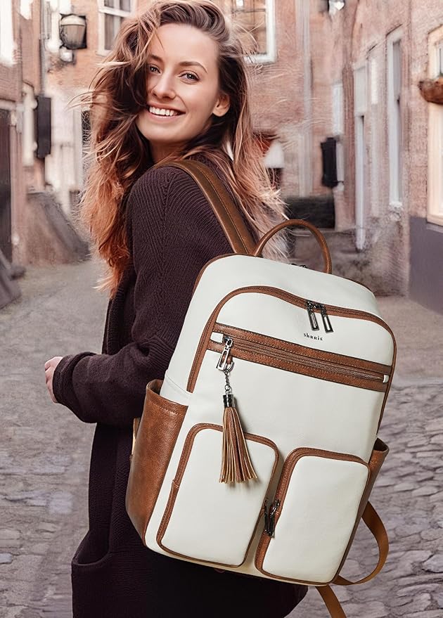 Shrrie Laptop Backpack for Women 16 Inch,Vegan Leather Travel Backpack Purse Work Business Computer Backpacks Teacher Nurse College Laptop Bookbag Casual Daypack,Beige with Brown