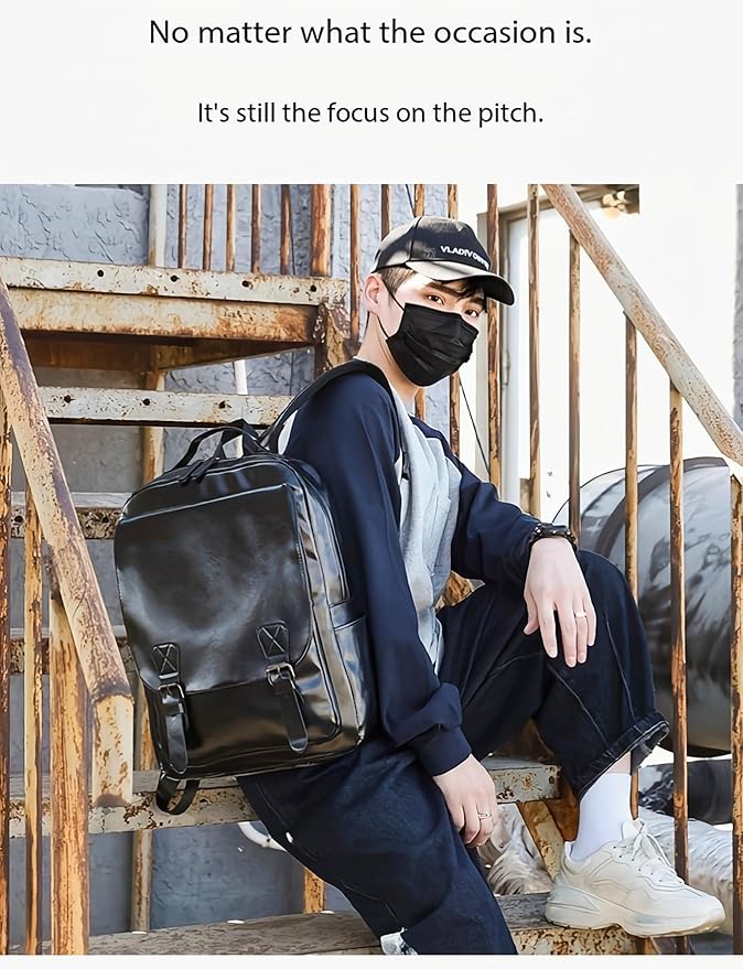 Unisex PU leather laptop bag work business bag hiking backpack leisure day bag university schoolbag (Large,Black 5)