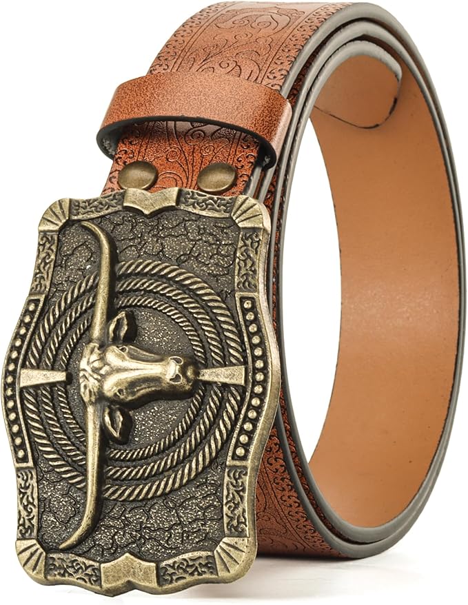 Western Cowboy-Belts for Men Big-Buckle Longhorn-Bull PU-Leather Rodeo Cowgirl-Belt Engraved Floral - Waist 25-38"